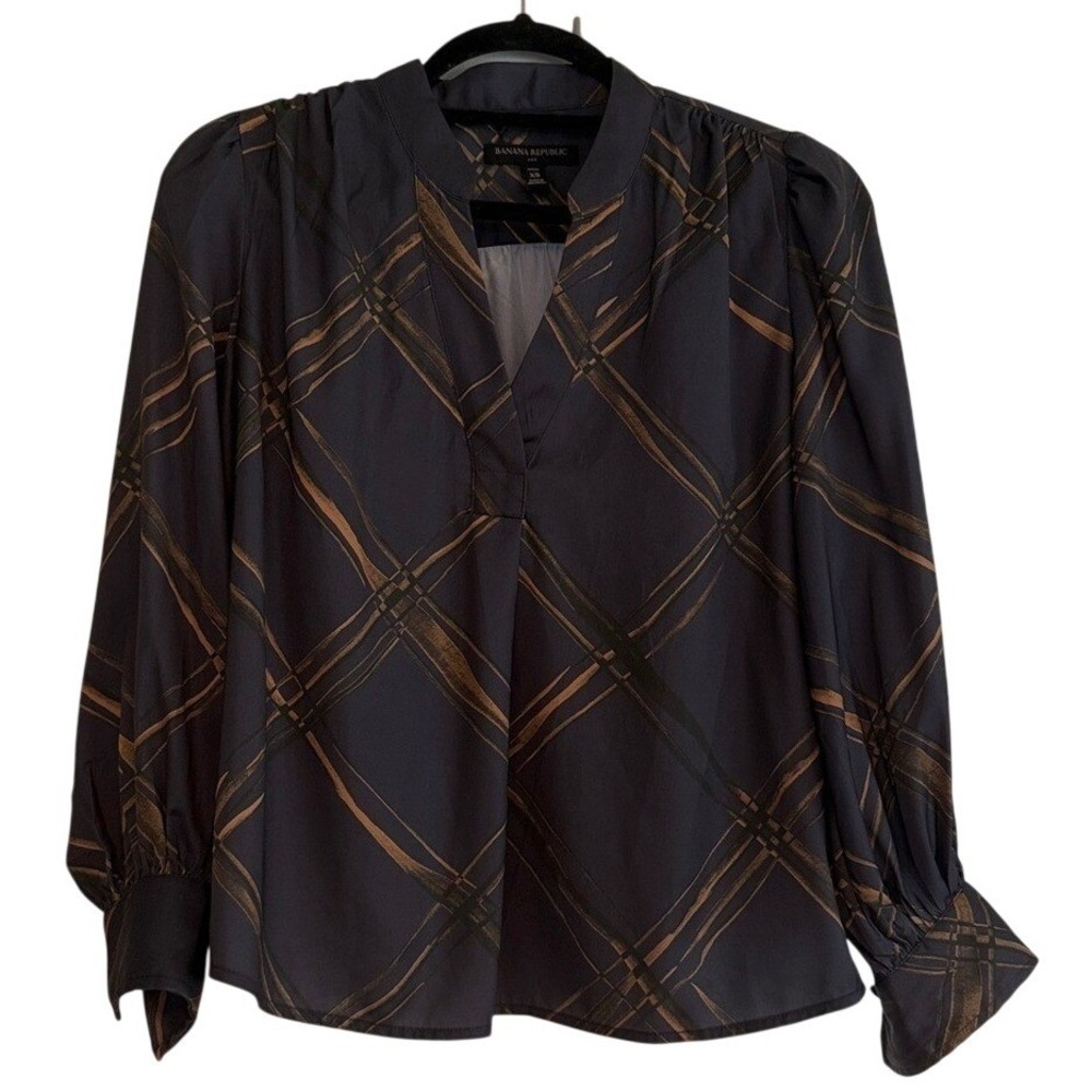 Banana Republic‎ Sleeve Plaid Blouse Navy Bronze V-Neck Petite XS Office Siren